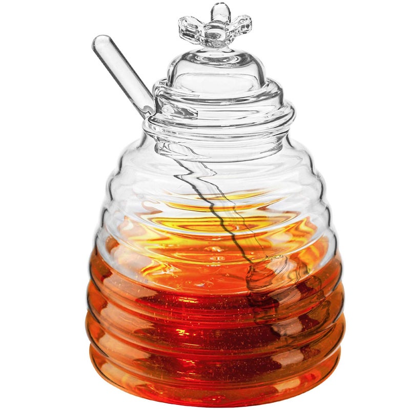 Hedume Honey Jar with Dipper and Lid, Honey Bee Pot, 17oz Glass Beehive Honey Pot for Home Kitchen - Image 1